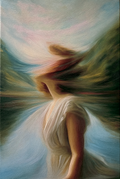 Catherine Earnshaw (2) — oil on canvas by JoCa: figure in a pale gown, head lost in swirling brushwork, green hills behind