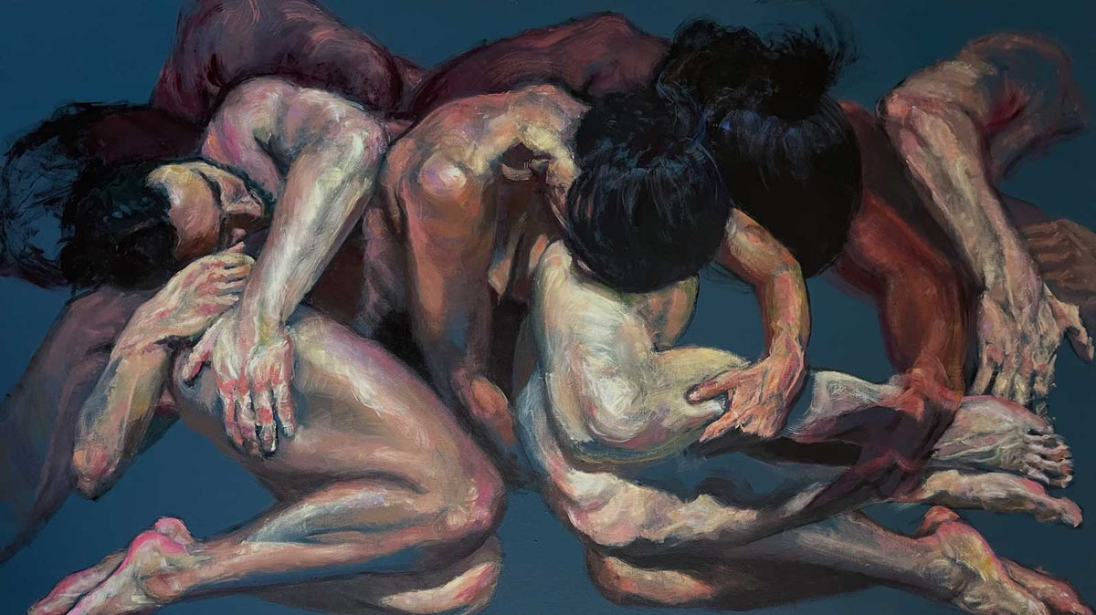 Painting from Karlos Ibarra's In Sync series: intertwined nude figures on a deep blue ground