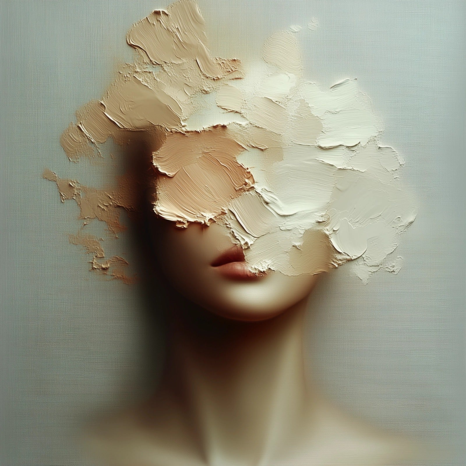 Painted portrait whose face is covered by thick cream-coloured strokes of impasto