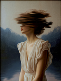 Winter's Morning (1) — oil on canvas by JoCa: figure in a pleated pale gown, hair streaked across the face, lake behind