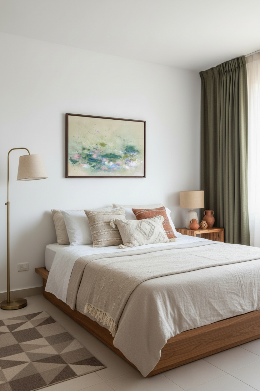 Artwork in dark wooden frame in midcentury modern bedroom