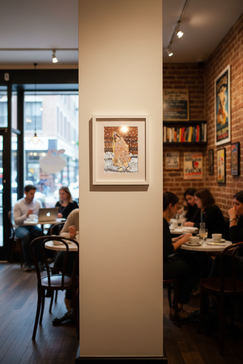 Carrie Bradshaw Artwork with White Mat and Glass in NYC Cafe