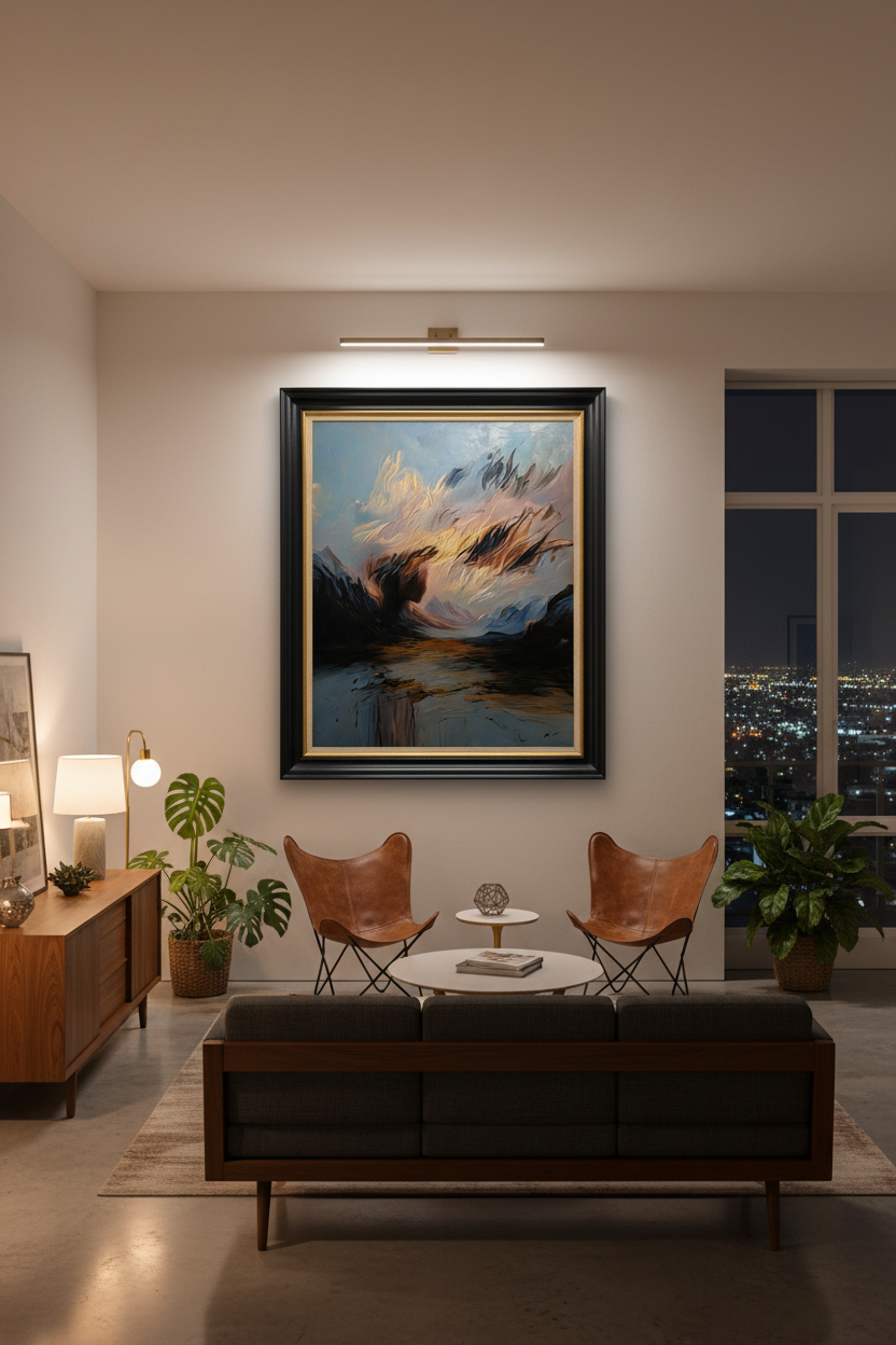 Couchers de Soleil et Cavaliers 1 in midcentury Mexico City apartment at night