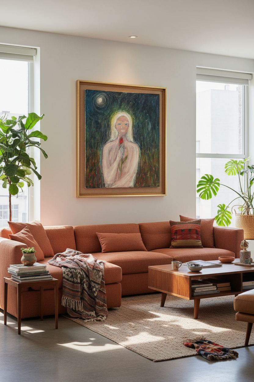 Eve oil painting in lived-in Mexico City apartment