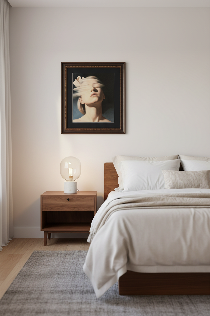 Ghastlighting artwork in elegant dark wooden frame in midcentury bedroom