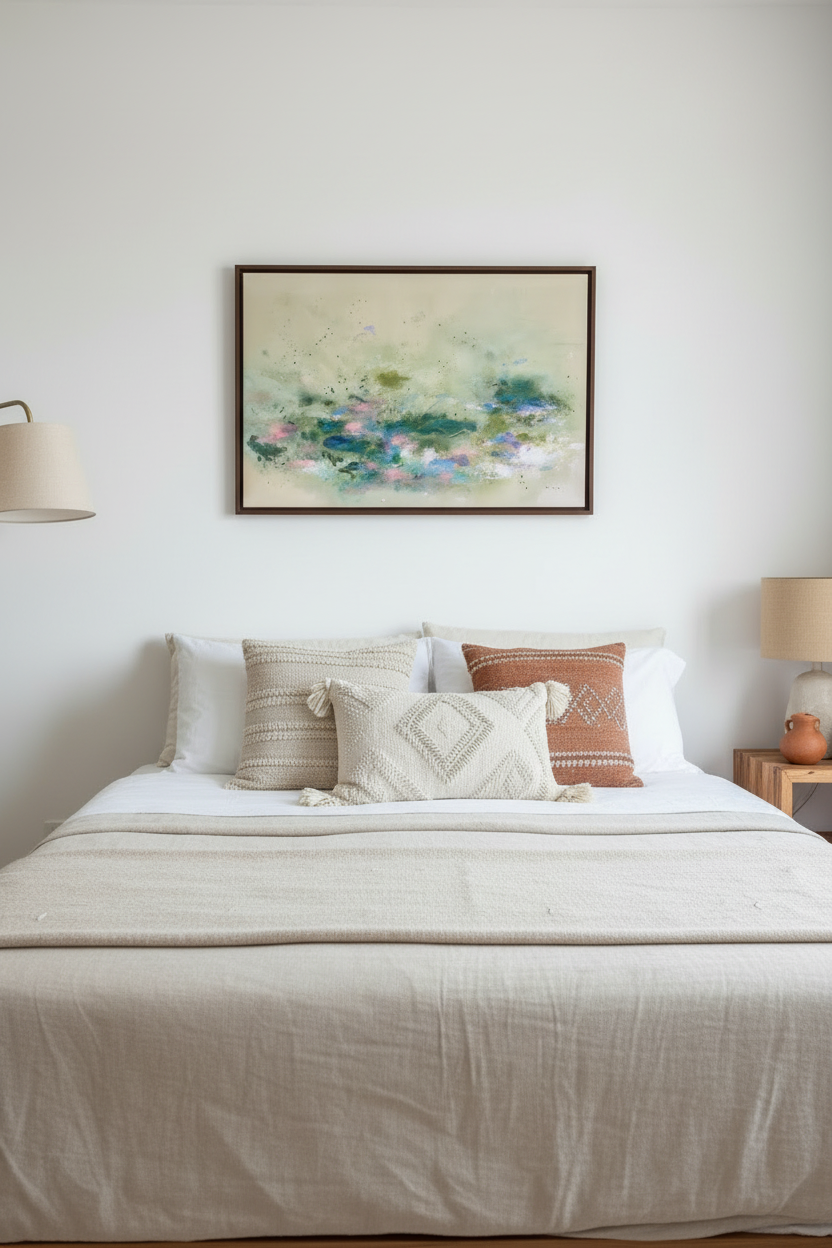 Head-on view of artwork in midcentury modern bedroom