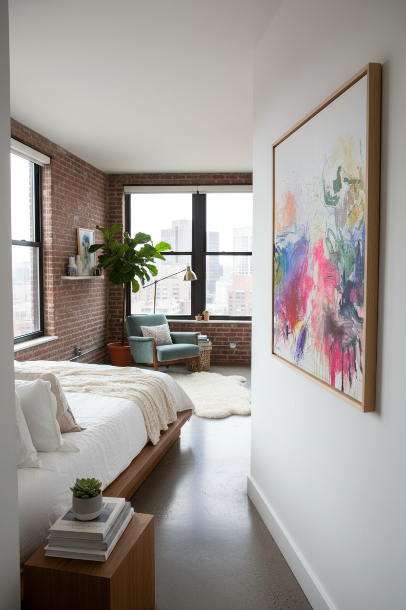 Love Story painting wide angle in NYC bedroom