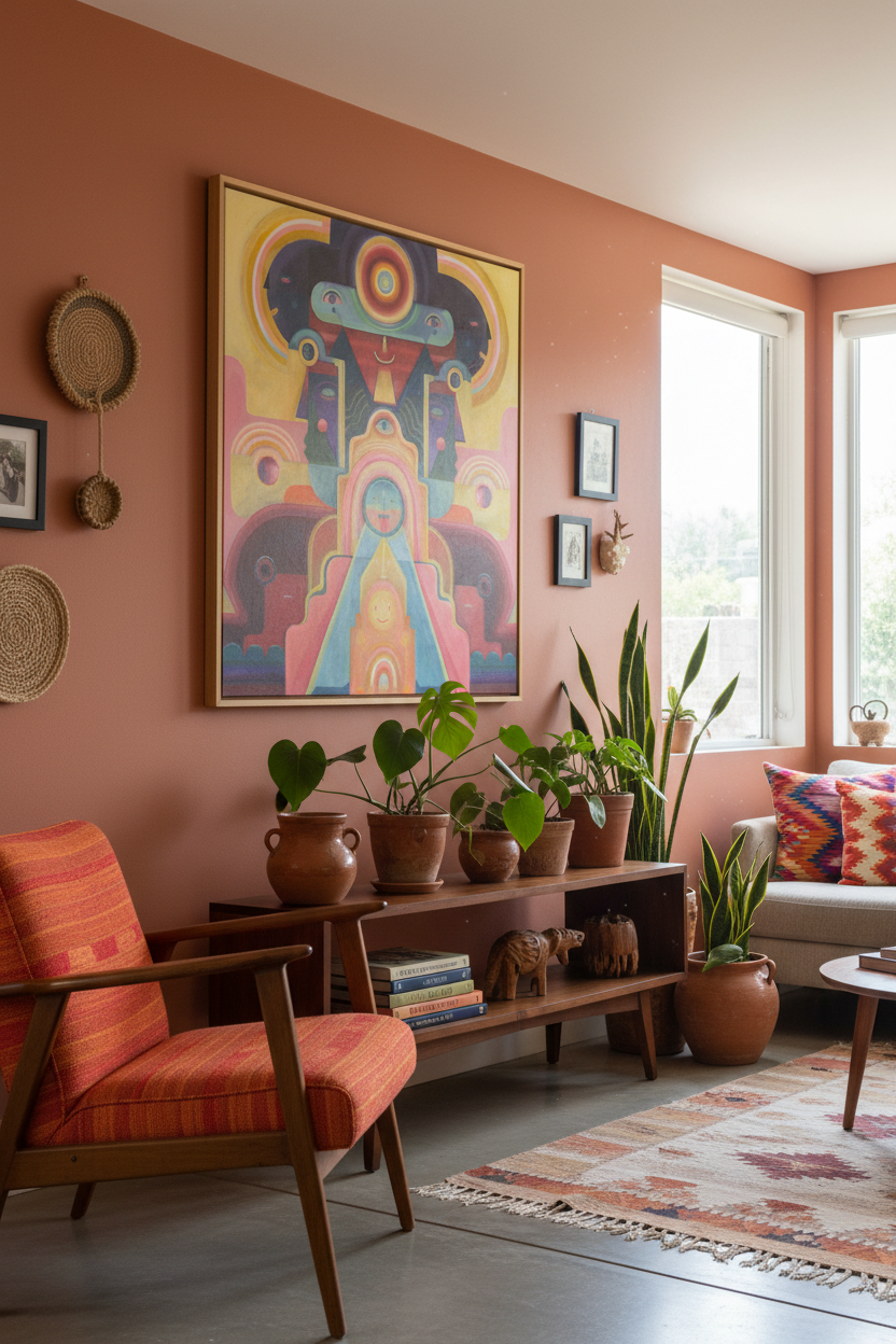 Open Your Eyes artwork angled perspective in midcentury Mexican home