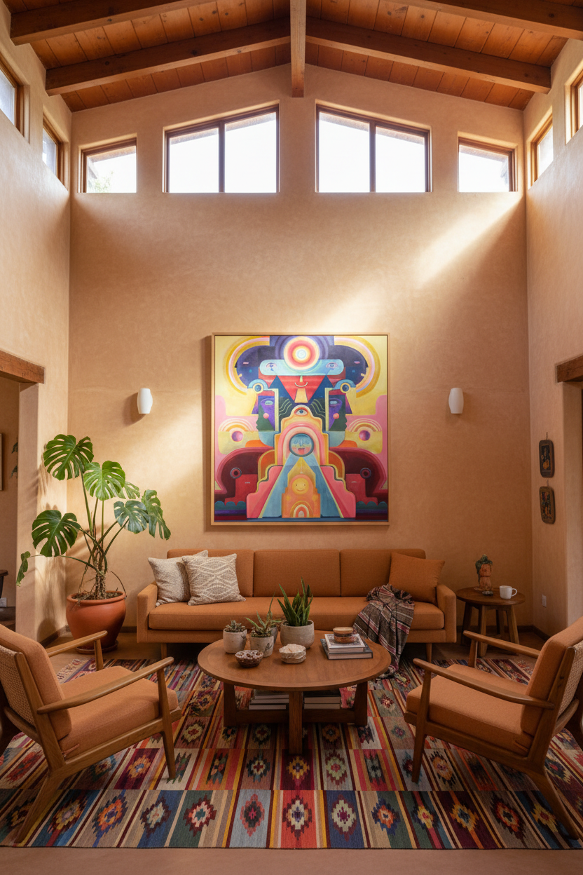 Open Your Eyes artwork wide angle view with high ceilings in midcentury Mexican home