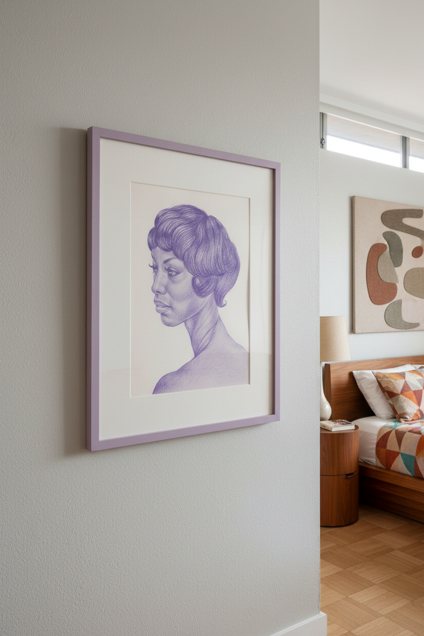 Study of Elle artwork in lavender frame at three-quarter angle with window light