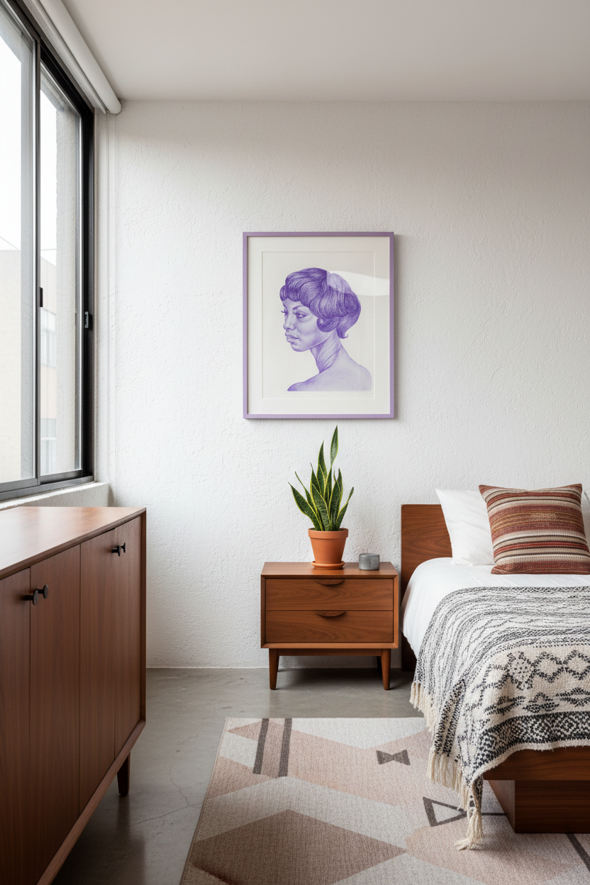 Study of Elle artwork in lavender frame in Mexico City midcentury bedroom